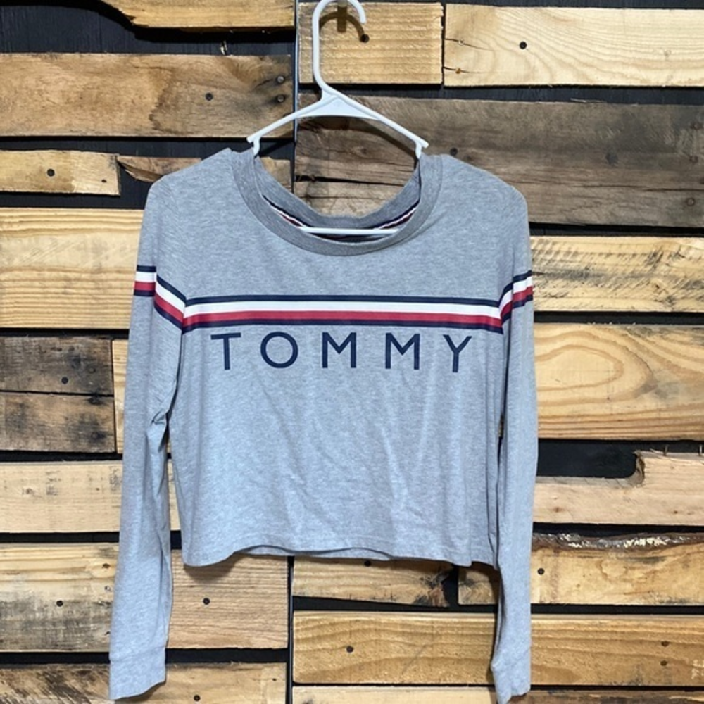 Y2K Tommy Hilfiger Long Sleeve Spellout Tee Cropped Stripe Round Neck Grey S